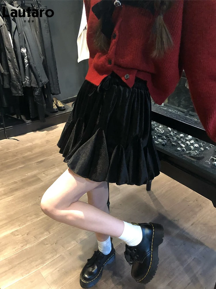 

Lautaro Spring Summer Cute Black Soft Velvet Mini Puffy Dress Women with High Elastic Waist Short Kawaii Pleated Flare Skirts