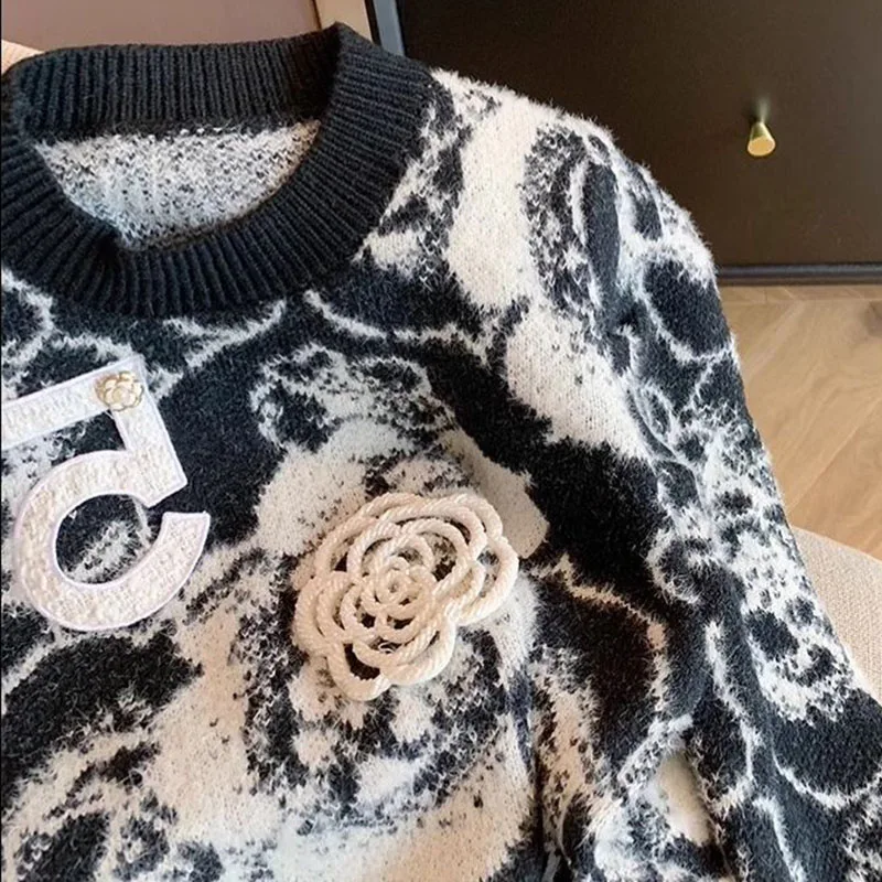 Винтажный женский свитер с цветочным принтом пуловеры свободный трикотажный