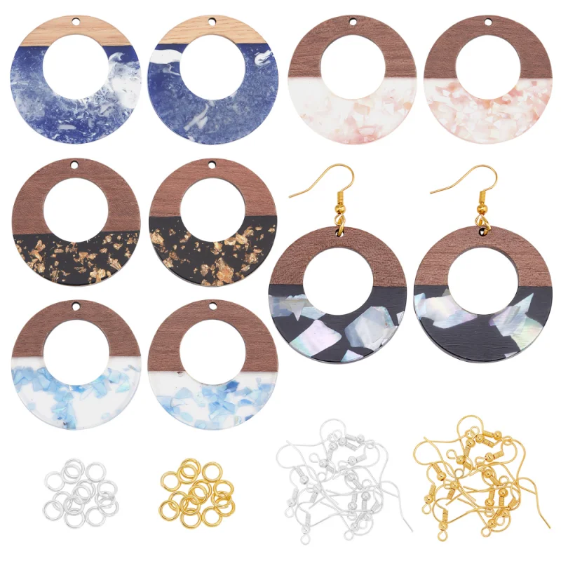 

10Pcs Clear Printed Resin Wooden Pendants Hollow Cicle Charms for Jewelry Making Earrings DIY Crafts with 60pcs Metal Findings