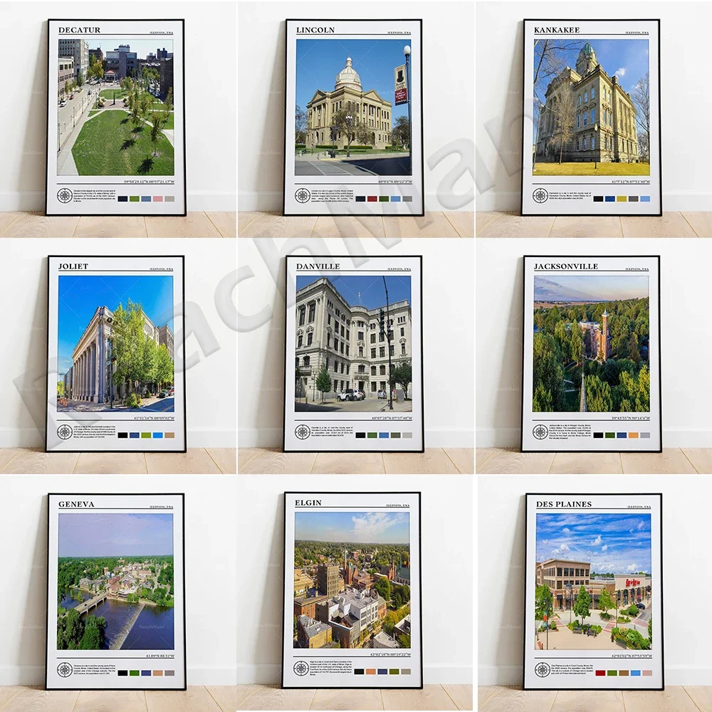 Плакат с подорожностью Америки Danville Decatur Женева Glenview Джексонвилл постер