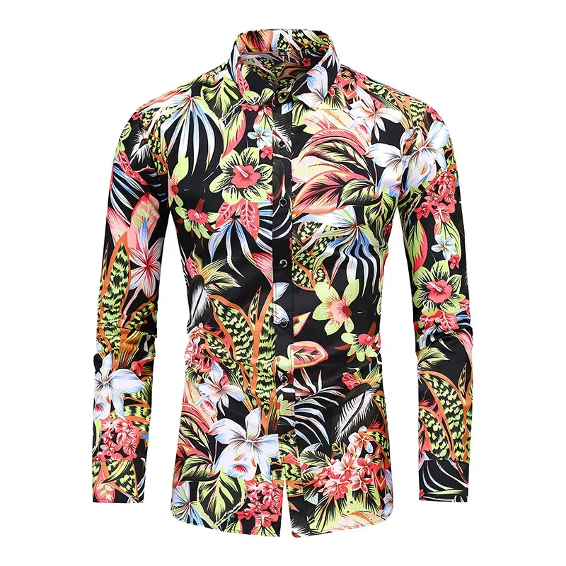 

2023New Fashion Flower Shirt Men Autumn Casual Hawaii Print Plus Size Long Sleeve Shirts Leisure Vacation Men's Clothing 7XL