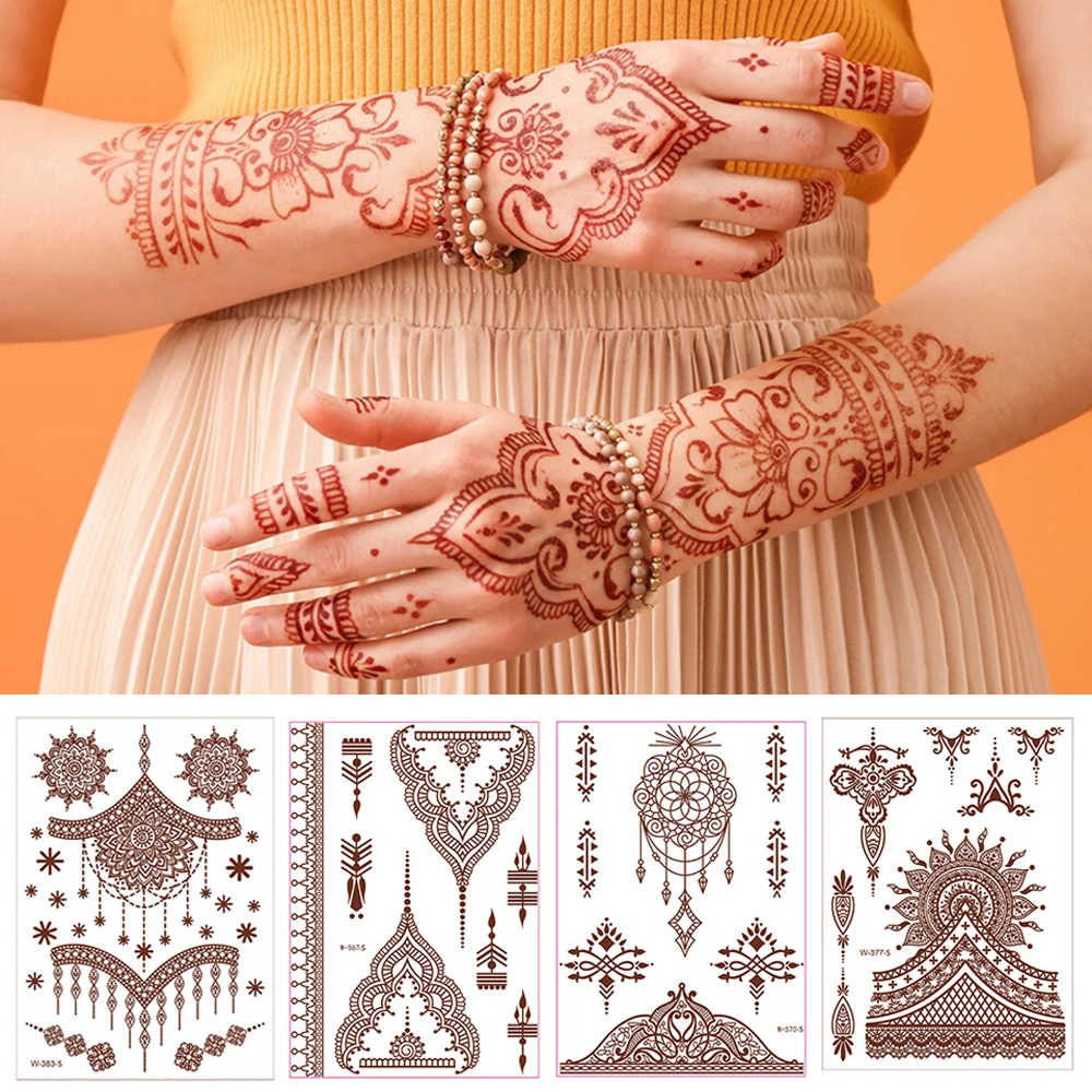 

Brown Henna Design Tattoo Stickers Mehndi Henna Tattoo for Hand Temporary Tattoos for Women Lace Waterproof Fake Tatoo Hena