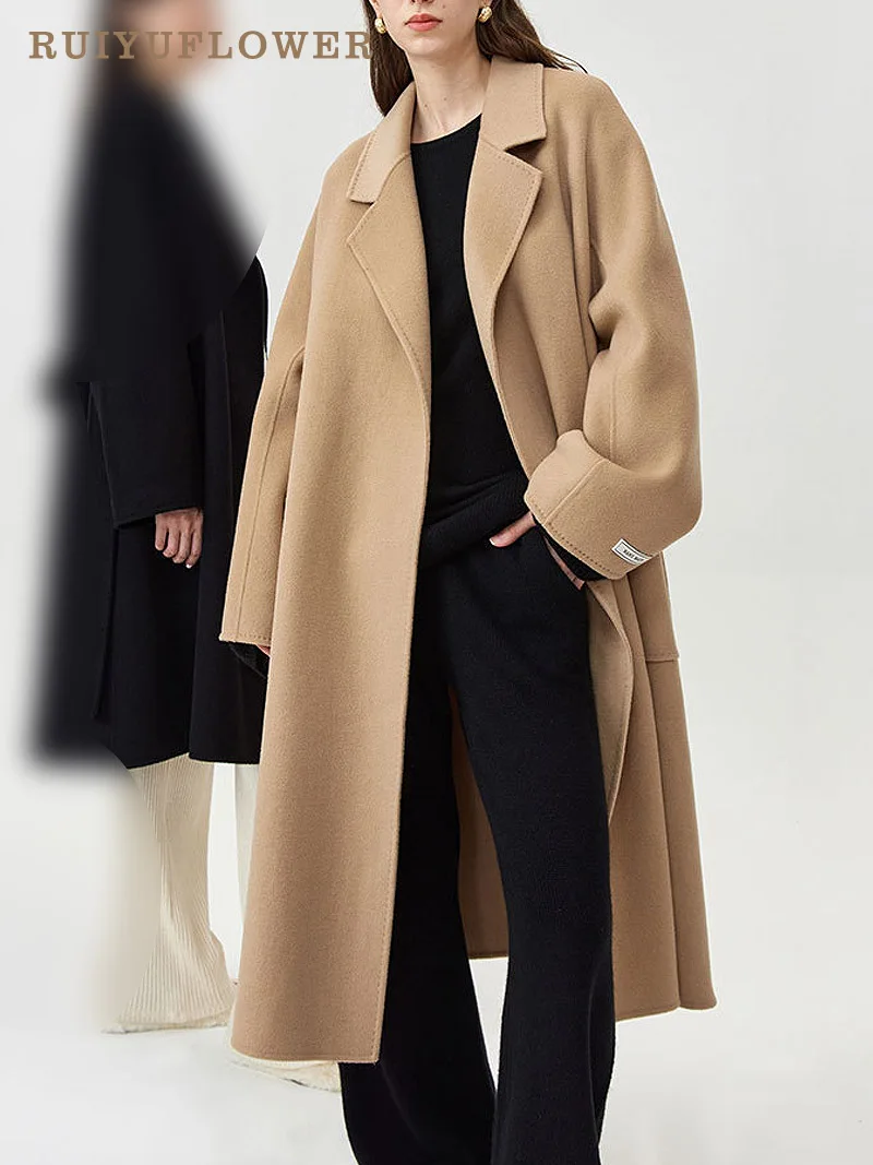 

Winter Office Lady Suit Collar Belt Long Sleeve Casual Wool Coats Female Pure Woolen Overcoats Solid Loose Korean Women Clothing