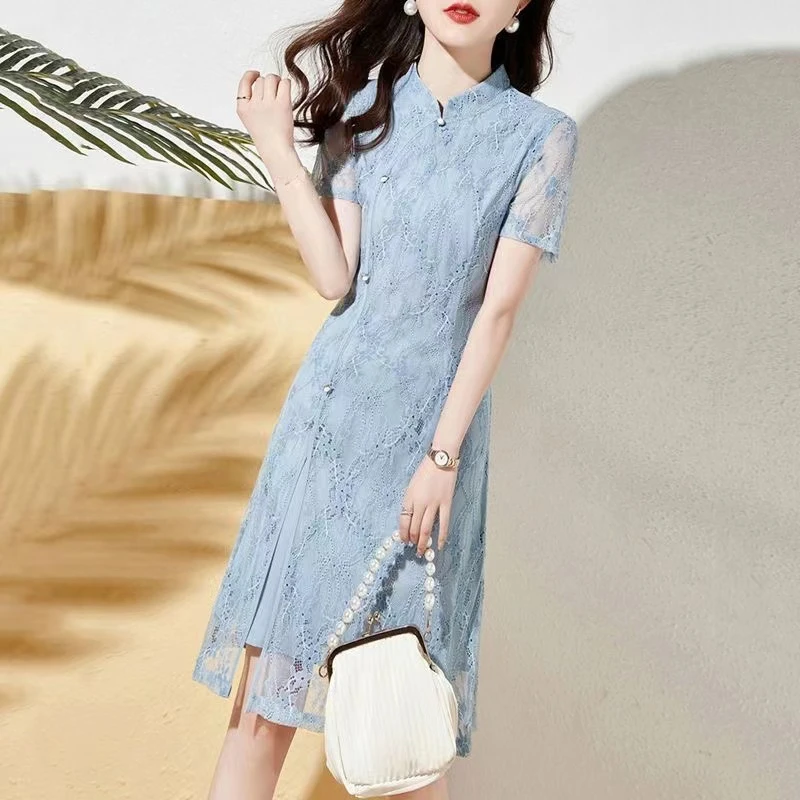 2023 Summer Women Mandarin Collar Short Sleeve Blue Lace Dress , Woman Slim 3xl 4xl Cheongsam Dresses