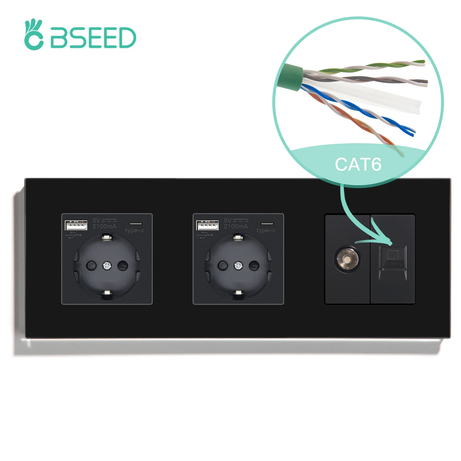 Розетка сетевая BSEED, электрическая розетка со стеклянной рамкой, разъем RJ45, USB C, евростандарт (art.: 3920c72eeaa1b) - 3920c72eeaa1b