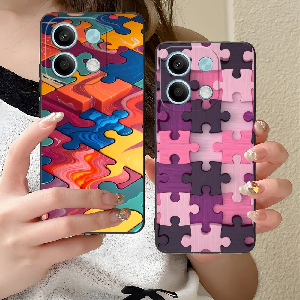 Puzzle Pretty Fashion Mobile Cell Phone Case for Xiaomi Redmi 14 13 13C 12 12C 10 10C A1 A2 A3 Plus 5G Black Cover Shell