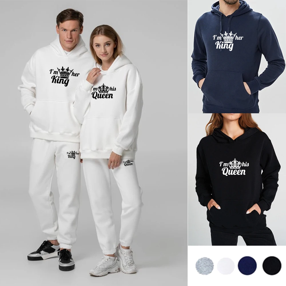 

Couple Tracksuit Fleece Hoodies+Pants King Queen Printed Hoody Set Men's Women's Oversized Dating Casual Clothing Sweatshirts