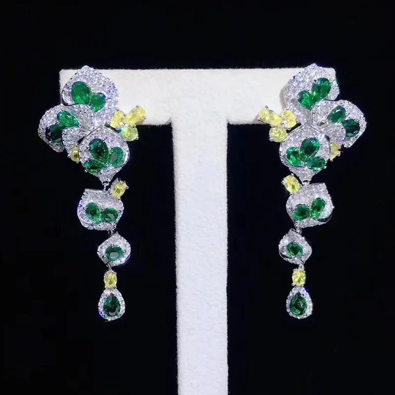 

Emerald Earrings Female Silver Needle Inlaid Zircon Long Stud Eardrops