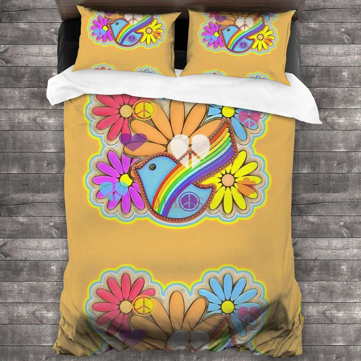 

Цветочная мощность, хиппи ретро дизайн голубей, мягкая искусственная кожа с 2 наволочками, пододеяльник с застежкой-молнией