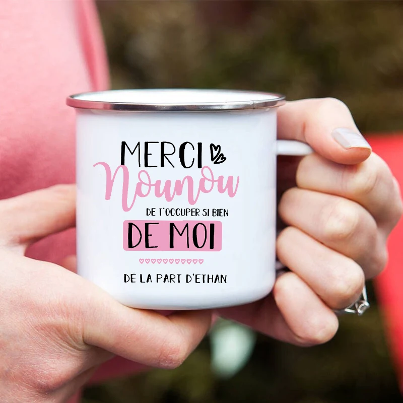 Merci Nounou Printed Mugs Creative Coffee Tea Cups Drink Water Milk Cup Enamel Mug School Home Handle Drinkware Gifts for Nounou