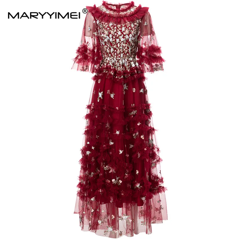 

MARYYIMEI 2023 модельное модное дизайнерское платье для улицы, женские сетчатые платья с круглым воротником и аппликацией