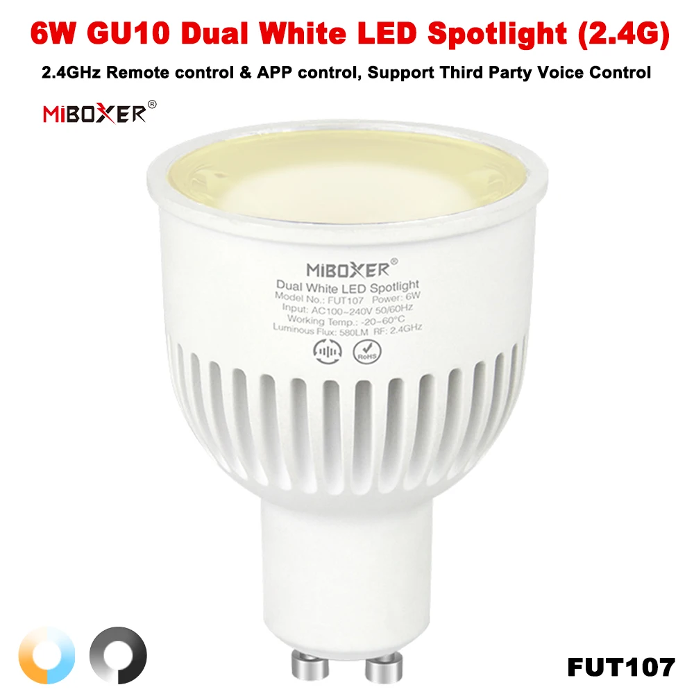 Умная Светодиодная Лампа Miboxer FUT107 TUYA GU10 6 Вт Двойная Белая С Регулируемой Яркостью