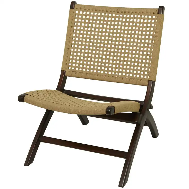 

Wood Folding Chair with Polished Mahogany Brown and a Light Brown Woven , 24"W x 34"H