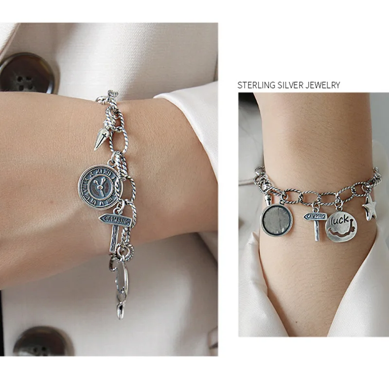 Тяжелые браслеты из серебра 925 пробы женский браслет с амулетами на удачу