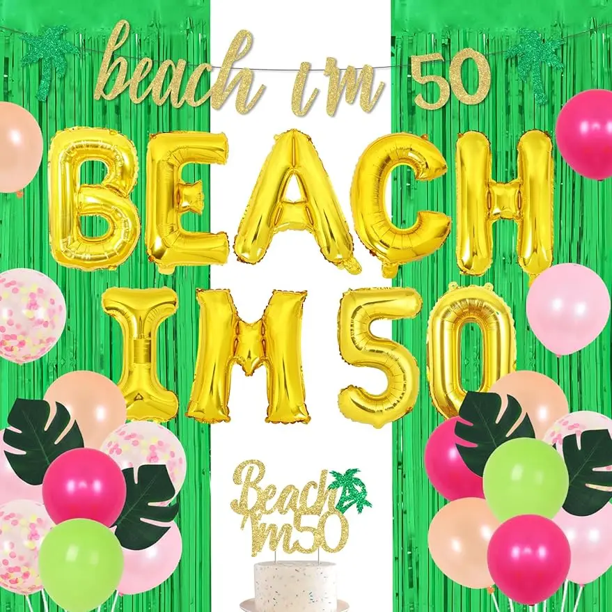 

FANGLELAND Beach I’m 50 Birthday Decorations, Summer Tropical Aloha Balloons Banner CakeTopper Fringe Curtain Leaf PartySupplies