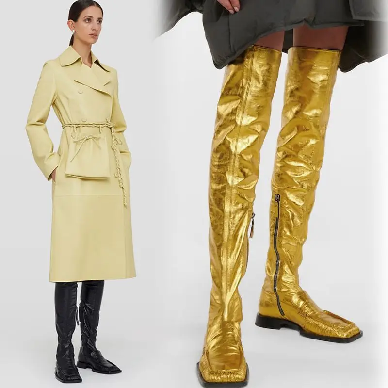 

Patent Leather Botas Zip Boots Square Heel Botas De Invierno Para Mujer Over-the -Knee Solid Botte Femme Concise Ankle Boots