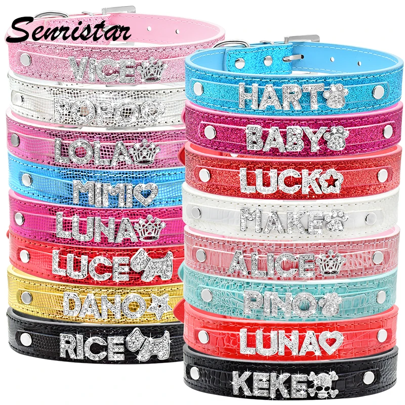 

Custom Bling Letter Name Leather Cat Dog Collar Personalized Glitter Rhinestone Name Pet Dog Collar for Small Medium Large Dogs