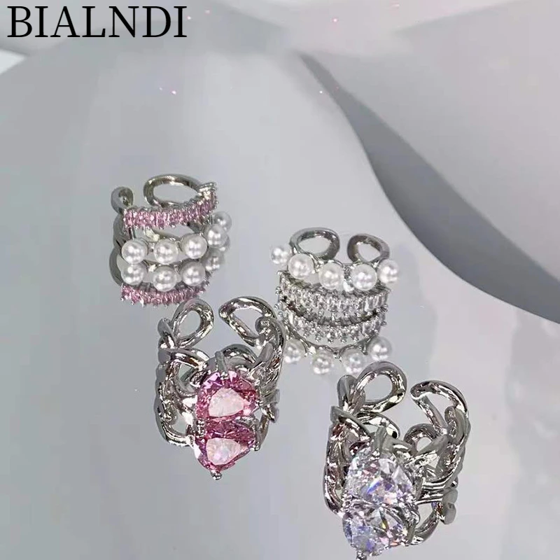 

Bilandi Women Jewelry Pink Heart Ring Delicate Design Sweet Temperament Pearl Crystal Ring For Women Accessories