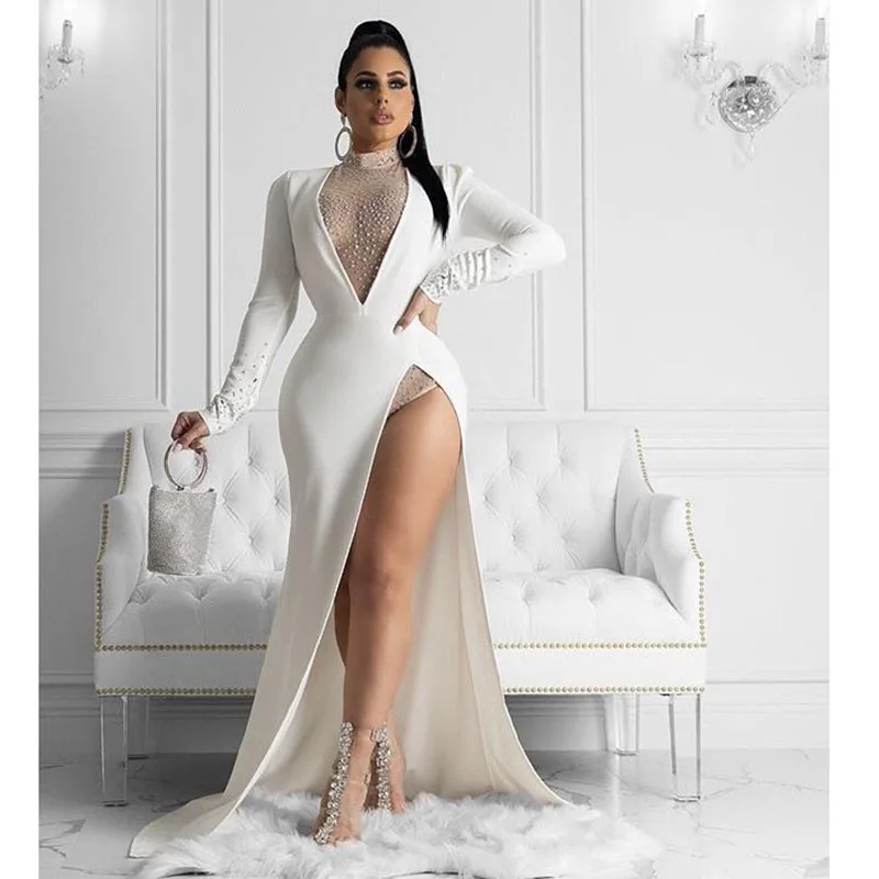 

KSDN выпускное платье с высокой горловиной с длинным рукавом с Высоким Разрезом из Бисера Сексуальное Белое Атласное элегантное платье для торжественных случаев женские платья