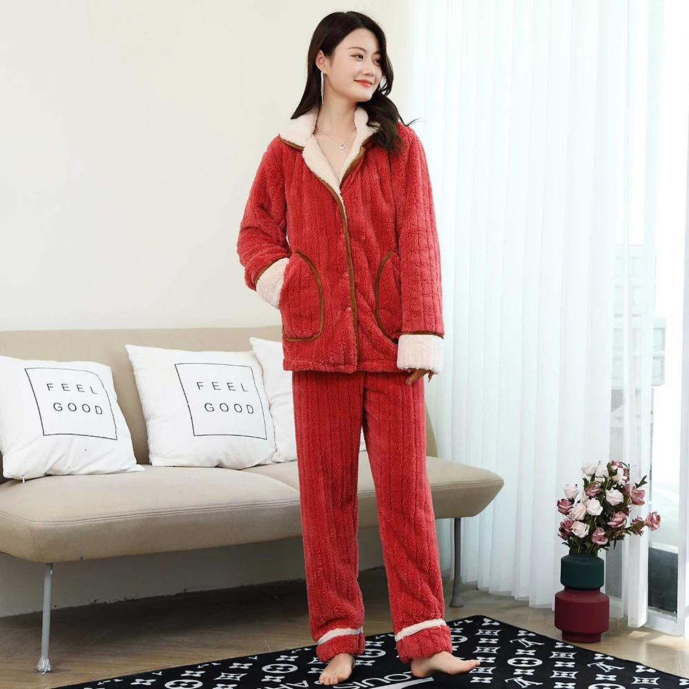 Flannel Pajamas 2 Piece Sets for Women Winter Thicken Pyjamas Sleepwear Homewear Long Sleeve Turn-down Collar Soft Warm Pijama