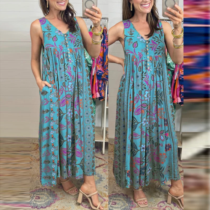 

Fashion Sleeveless Floral Print Long Jumpsuits Summer Casual V Neck Office Tank Overalls Female Pleated Pocket Wide Leg Rompers