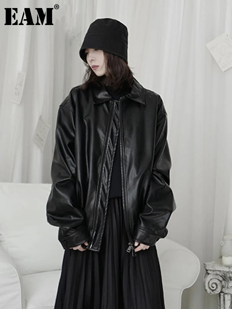 

[EAM] Loose Fit PU Black Vintage Big Size Leather Jacket New Lapel Long Sleeve Women Coat Fashion Spring Autumn 2023 1DF4248