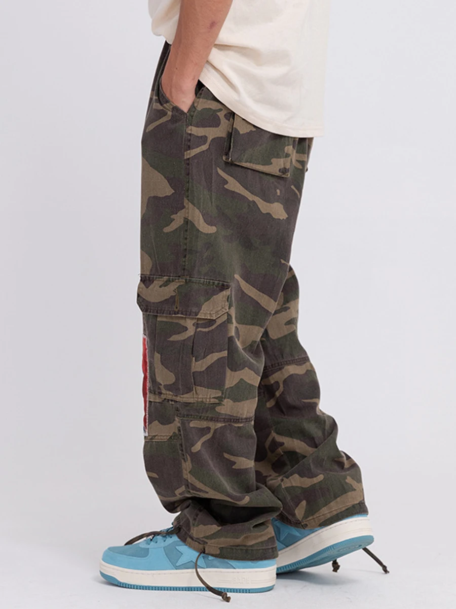 Four Seasons Men's Workwear Camo Pants American Vintage Patch Camouflage Workwear Casual Pants Men's Trousers Streetwear Men's