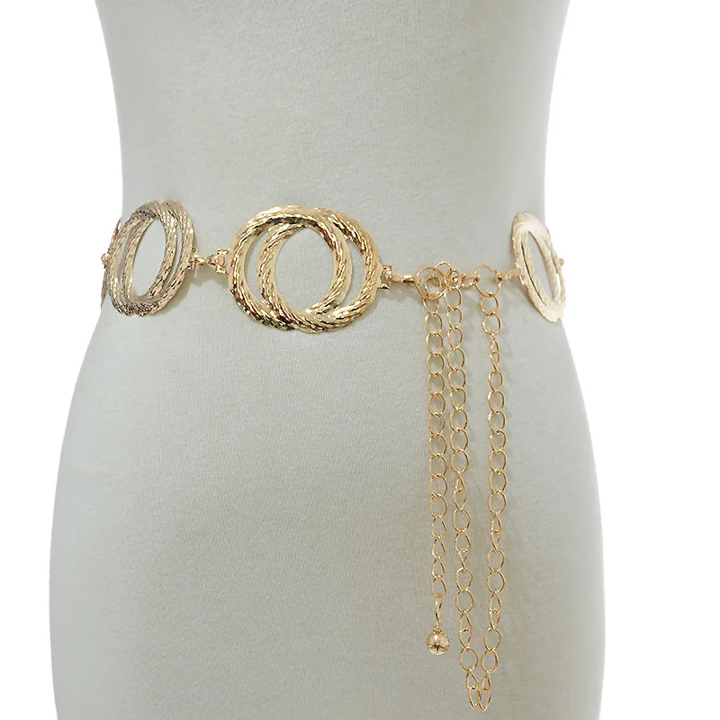 New Unique Double Ring Gold Chain Belt Women Fashion Round Metal Silver Belts Female Jeans Dress Waistband