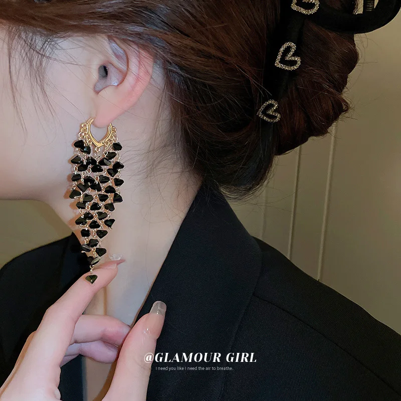 European And American Black Crystal Tassel Geometric Ear Buckle Personality Design Fashion Earrings Elegant Light Luxur