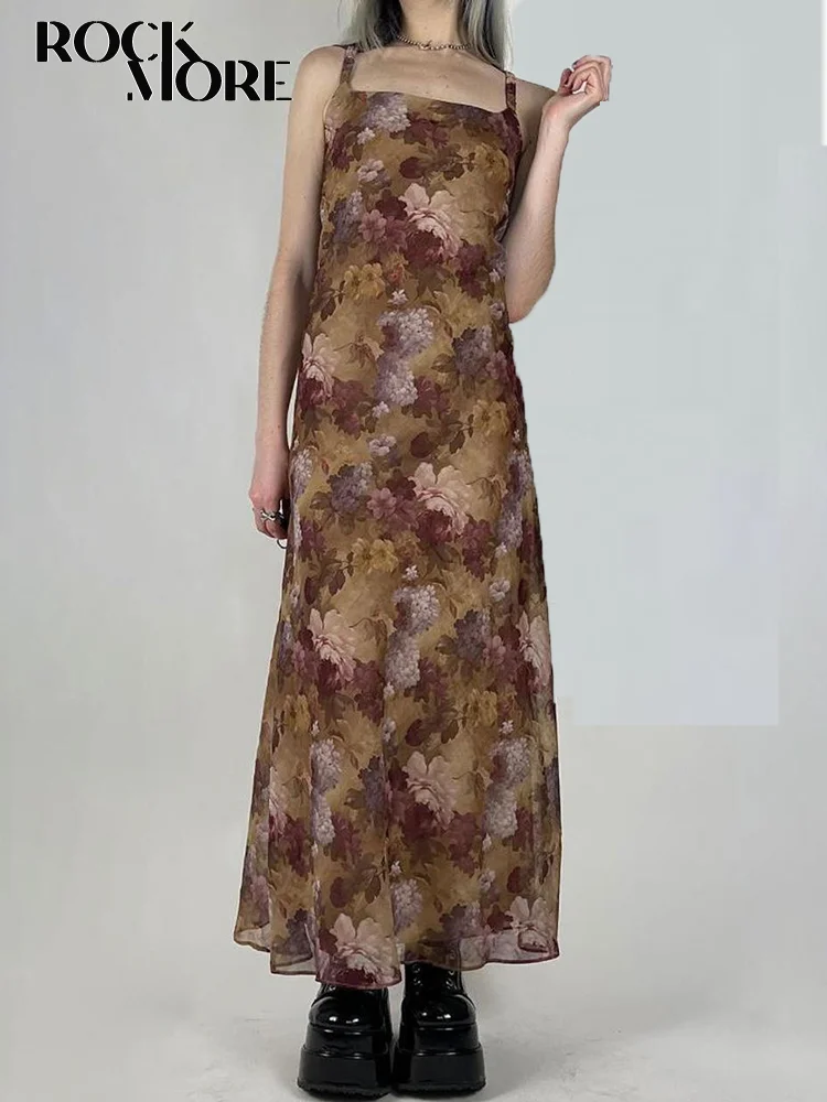 

Rockmore Vintage Oil Painting Floral Maxi Dresses Chiffon Sleeveless Robe Y2K Fairycore Strap Long Dress Summer Holiday Vestidos