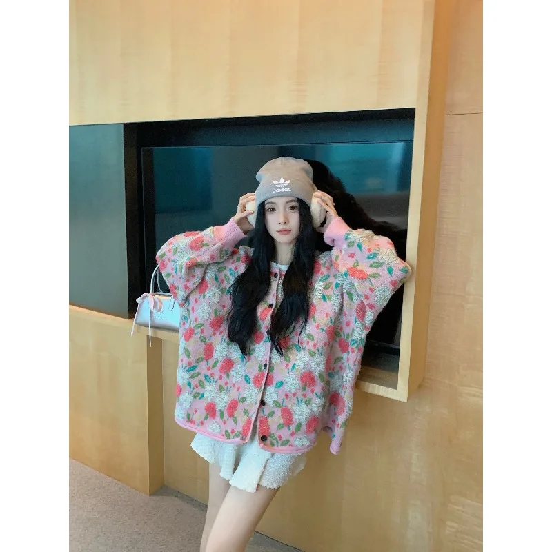 Женский трикотажный свитер с длинным рукавом Розовый однобортный Кардиган в