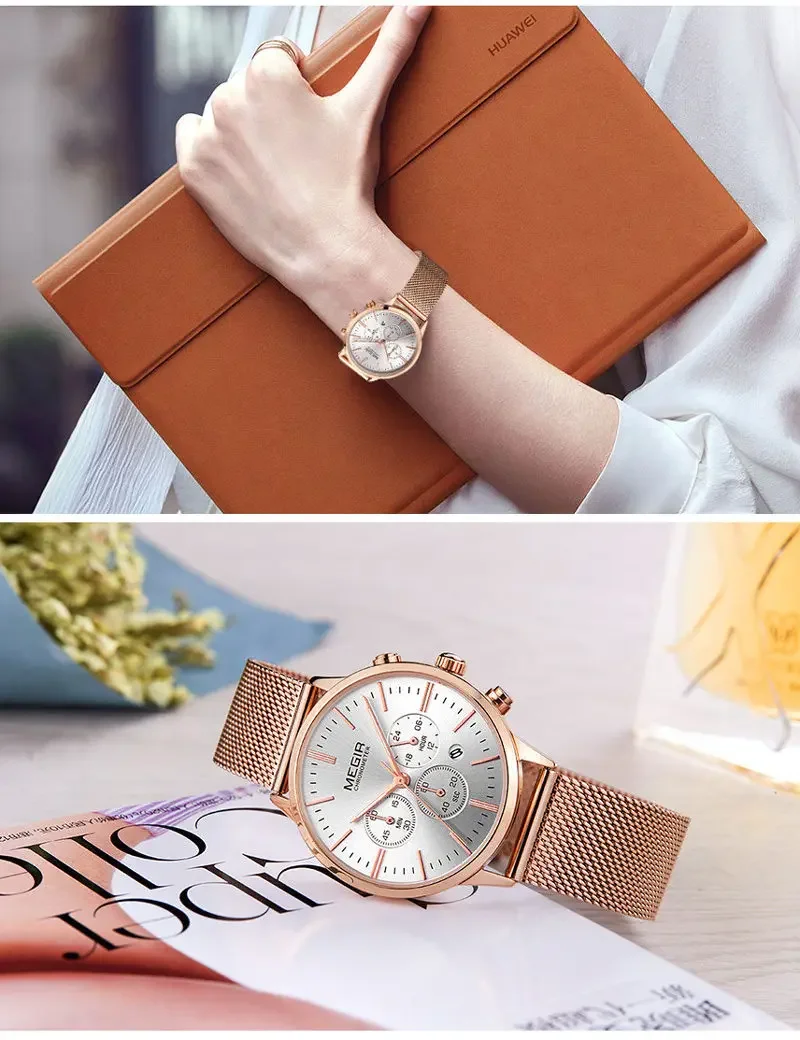 Женские часы MEGIR классические водонепроницаемые из нержавеющей стали с