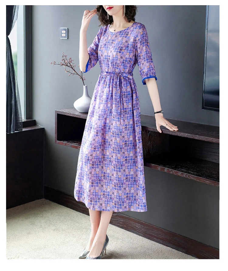 

Spring Summer Woman Cotton Linen Mid-calf Vintage Dress Belt Print O-neck New Fashion Half Sleeves Dresses Female