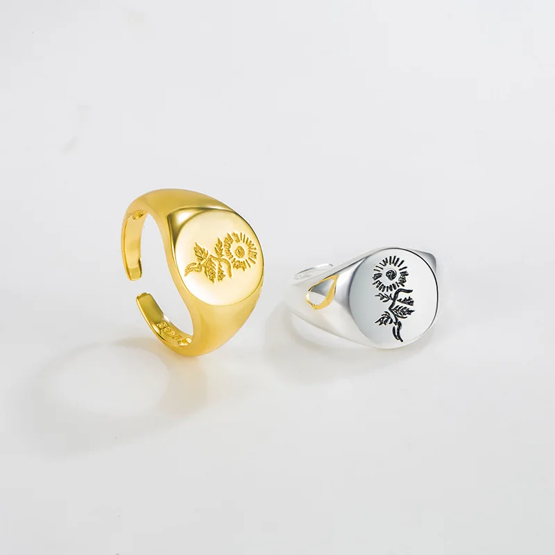 Silvology Real 925 Sterling Silver Fire Lacquer Sunflower Rings for Women Round Pattern Flower Rings Minimalist Creative Jewelry