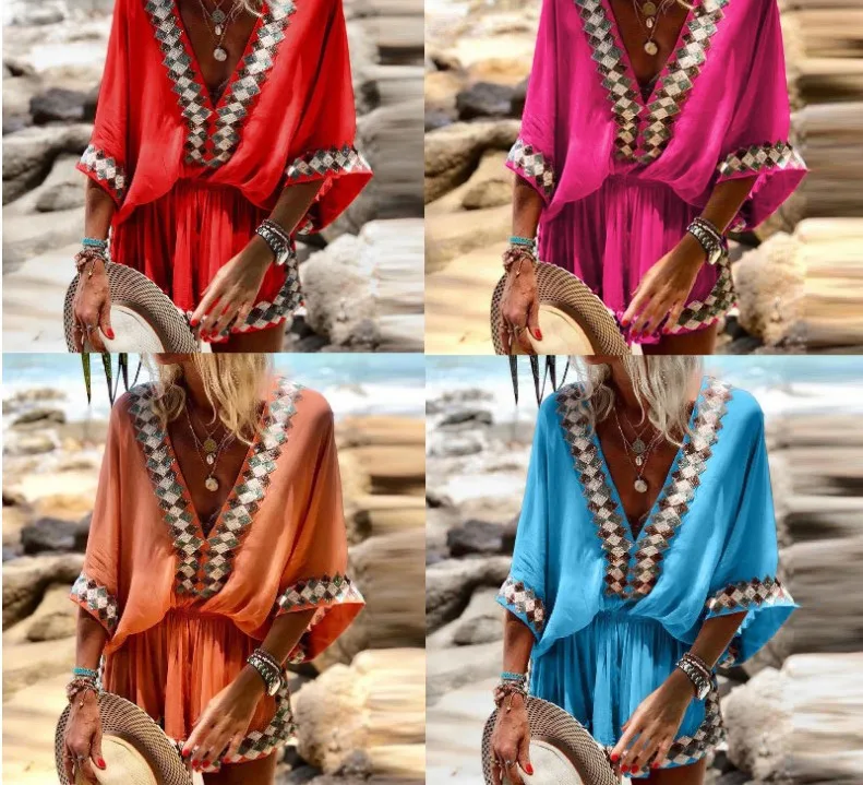 

Spring Summer New Beach Party Printed Women Bohemia Jumpsuits Casual Half Sleeves V Neck Loose Shorts Casual Overall Playsuits