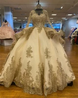 luxury ruffles long sleeve quinceanera dresses elegant pearls tulle ball gowns with gold thread princess dress robe de bal