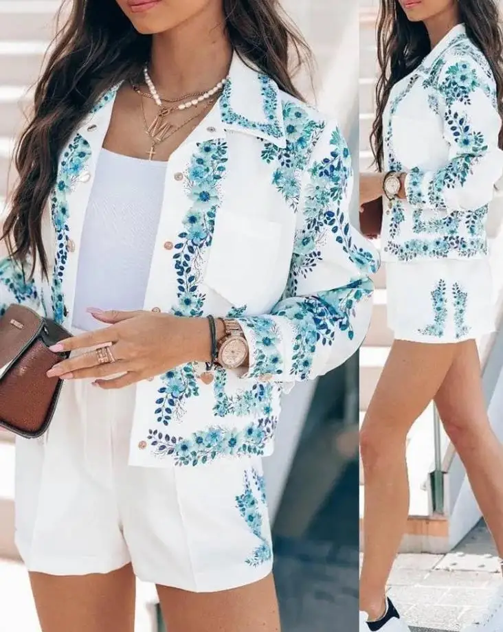 Women's Casual Shorts Two-piece Plant Print Pocket Button Front Long-sleeved Jacket and Zipper White Chic Shorts Set