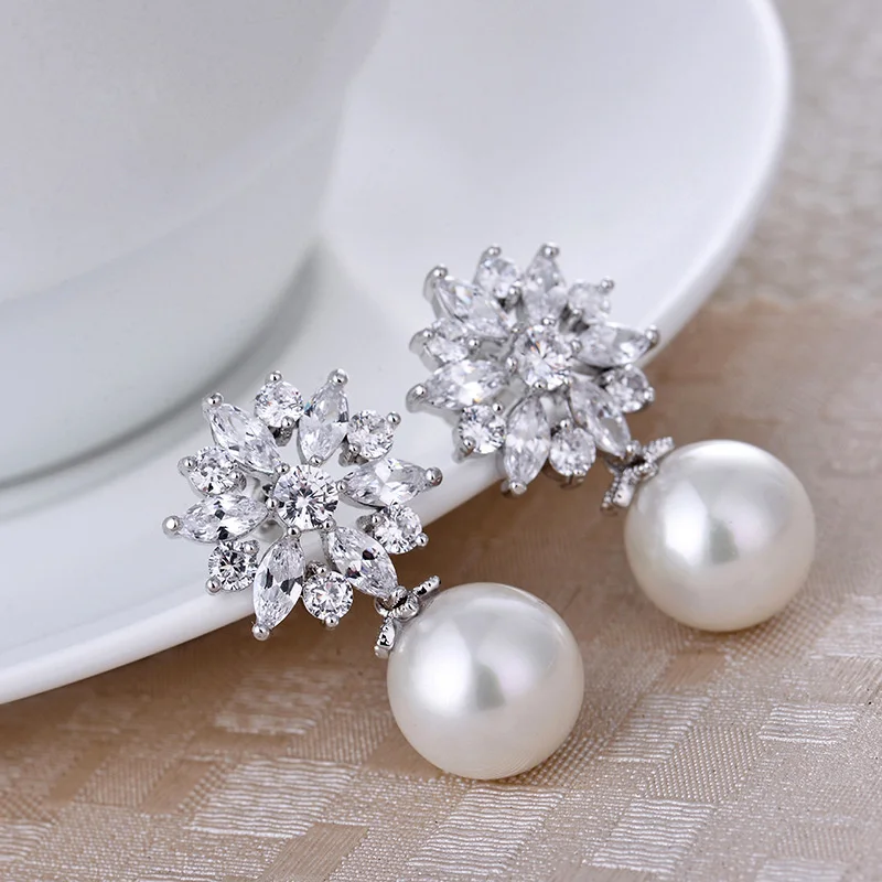 

brand genuine Luxury real jewels Liangya beauty network Japan and South Korea fashion snowflake zircon Pearl Earrings Jewelry hi