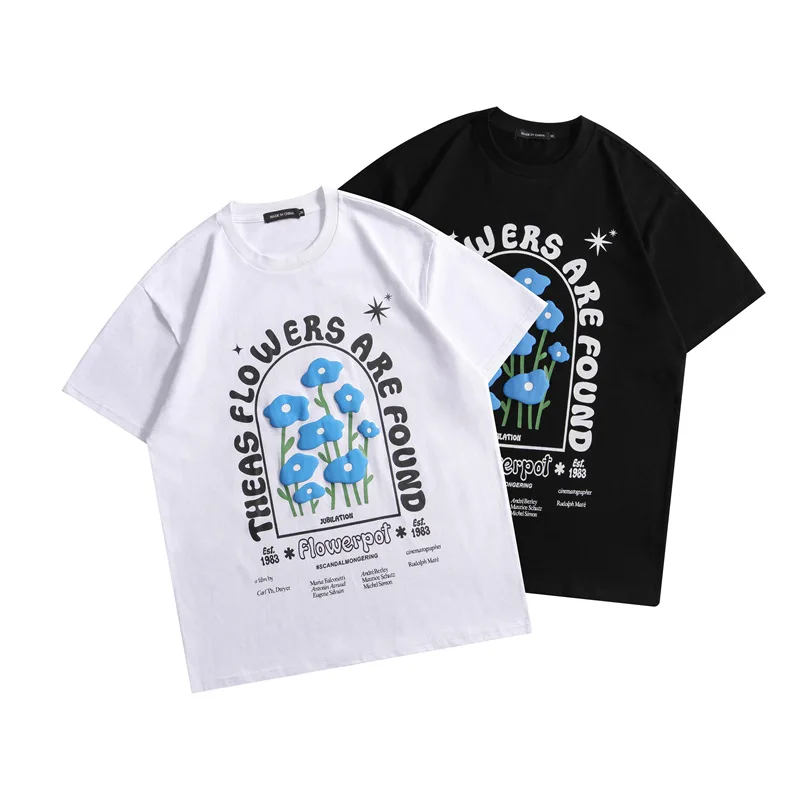 

Cute Foaming Flower Print Casual T-shirt Lovers Trend Loose Short-sleeved Tops for Boys and Girls Men Clothing T Shirts Graphic