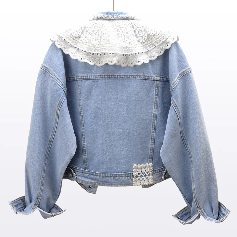 

Korean Spring Beading Lace Splicing Jeans Women Chaqueta Mujer Loose Short Outerwear Long sleeve Denim Jacket Coat Female