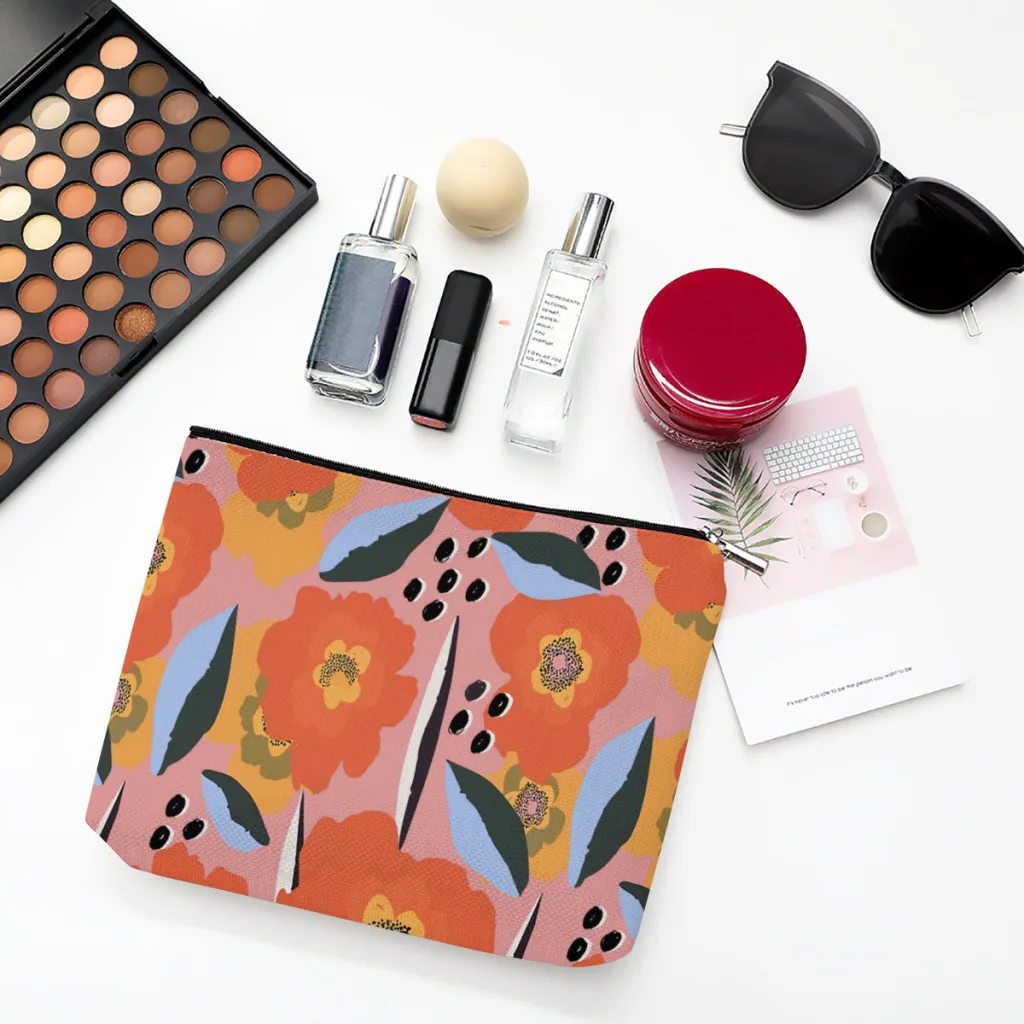 

Red Flowers Linen Women Cosmetic Bag Pattern Design Makeup Pouch Lady Tote Purse Zipper Clutch Phone Purse