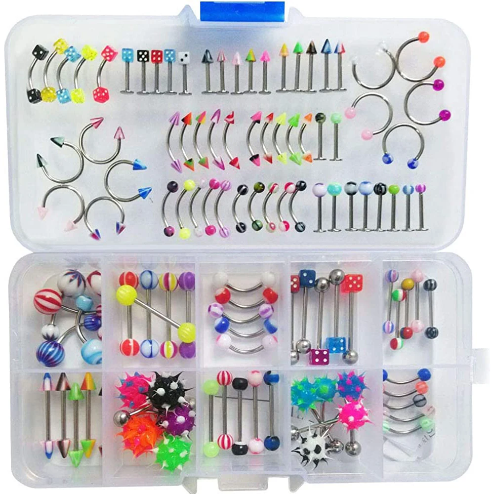 

Lot 110 PCS Body Jewelry Piercing Kit Eyebrow Navel Belly Tongue Lip Bar Nose Ring 24 Styles Box (Random)