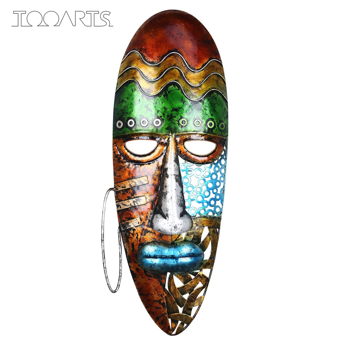 

Tooarts African Face Mask Art Wall Hanging Iron Mask Wall Decoration African Tribal Culture Home or Garden Decor Colorful