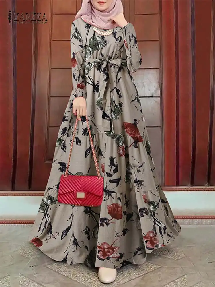Платье ZANZEA мусульманское весеннее с цветочным принтом, Модный сарафан в многоярусном стиле с круглым вырезом и длинным рукавом, богемная По...