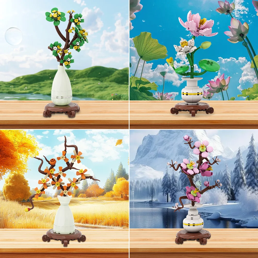 Фото Конструктор MOC «Бонсай Четыре Сезона»: Имитация цветов персика, лотоса, османтуса, сливы, сухоцветов. Игрушка-конструктор для взрослых, подарок. №3