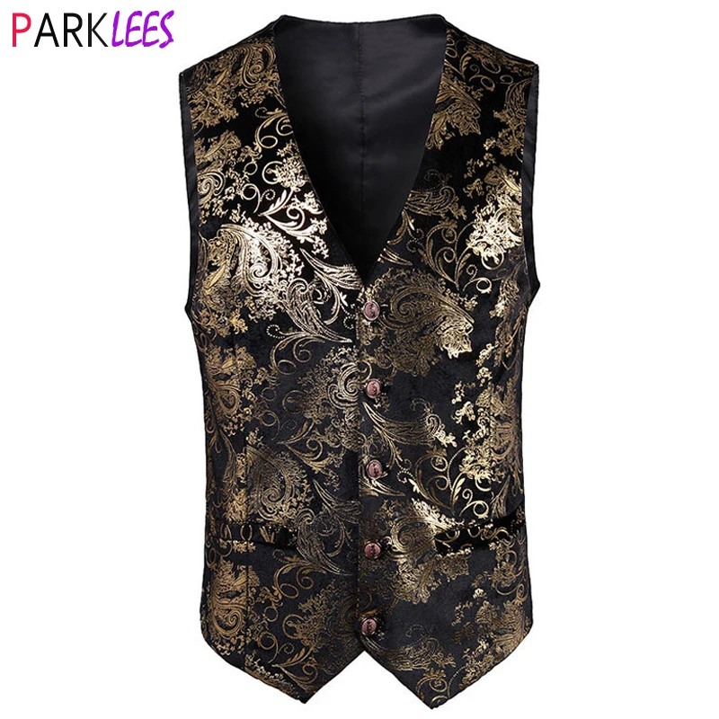 

Men's Luxury Gold Paisley Floral Bronzing Vest Slim Fit Cowboy Wedding Waistcoat Gothic Aristocrat Steampunk Victorian Gilet 60