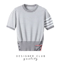 striped t shirt womens summer round neck contrast color ice silk knitted short sleeved simple tb british college style top thin