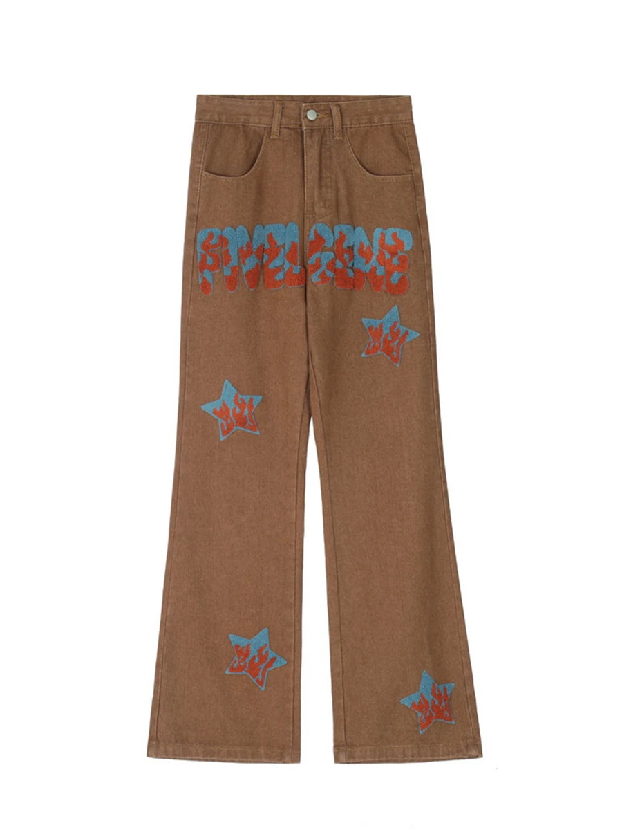 Four Seasons Men Jeans Embroidered Letters Cow Trend Hip Hop Loose Casual Wide Leg Nine-point Pants Streetwear Men ins Hot Sale