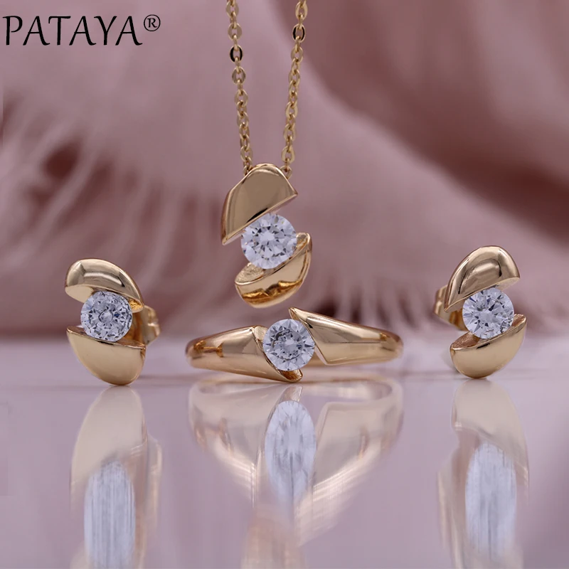 

PATAYA 585 Rose Gold Color Exquisite Natural Zircon Dangle Earrings Rings Pendant Sets Women Party Jewelry Set Gift 2023 New