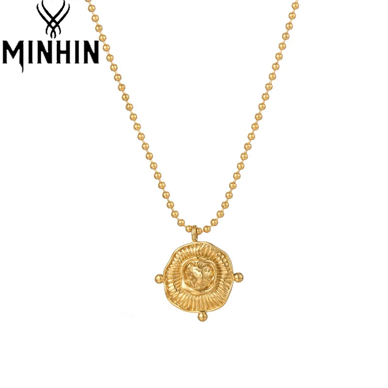 

MINHIN Vintage Sunflower Round Clavicle Chain Gold Color Beads Chain Necklaces for Women Men Circle Print Link Choker Jewelry